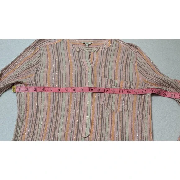 Lucky Brand Womens Top Large Pink Orange Metallic Striped Cotton Shirt‎ Popover - Picture 7 of 9